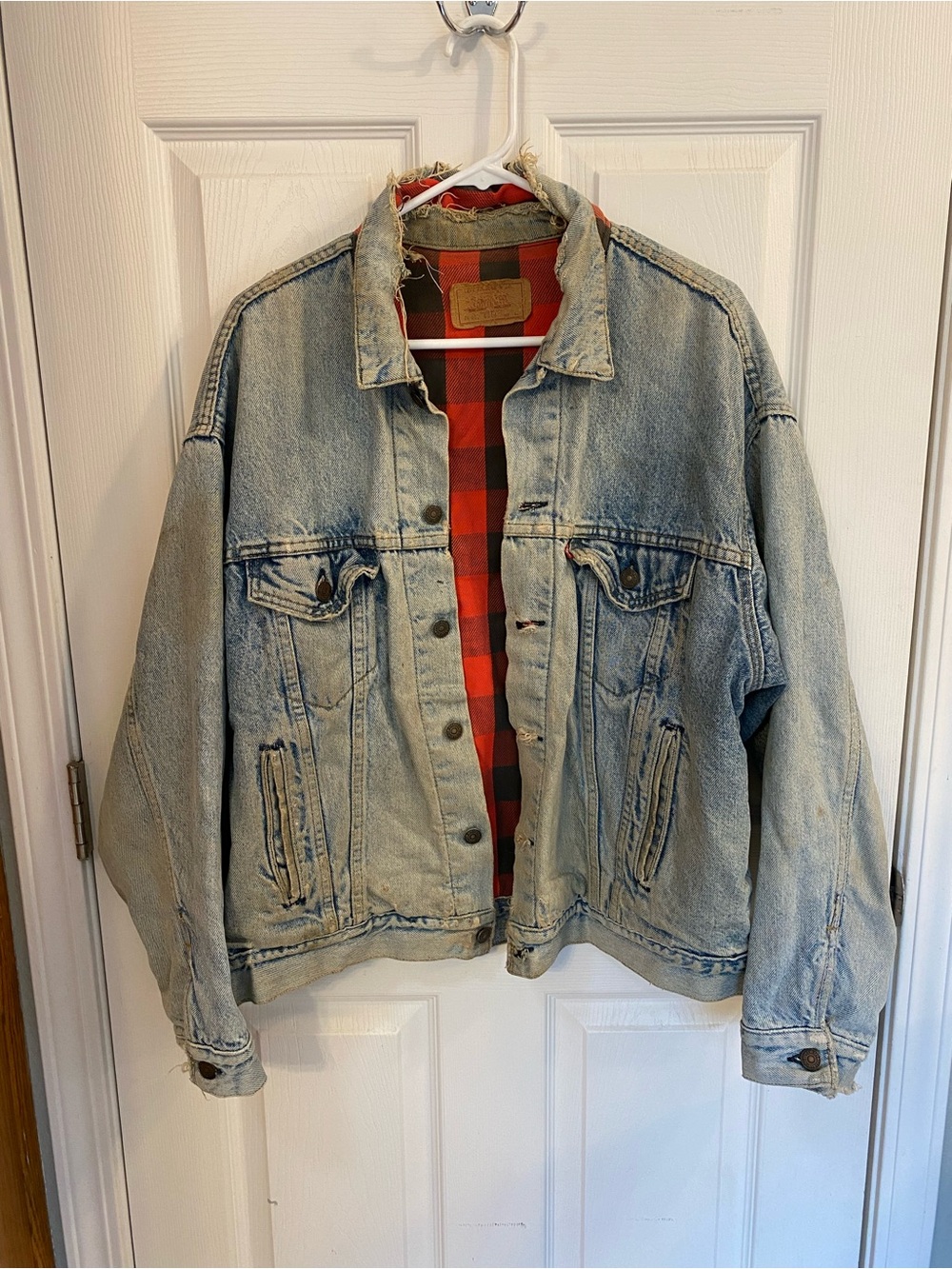Levi's Light Blue Denim Jacket with Red Plaid Lining